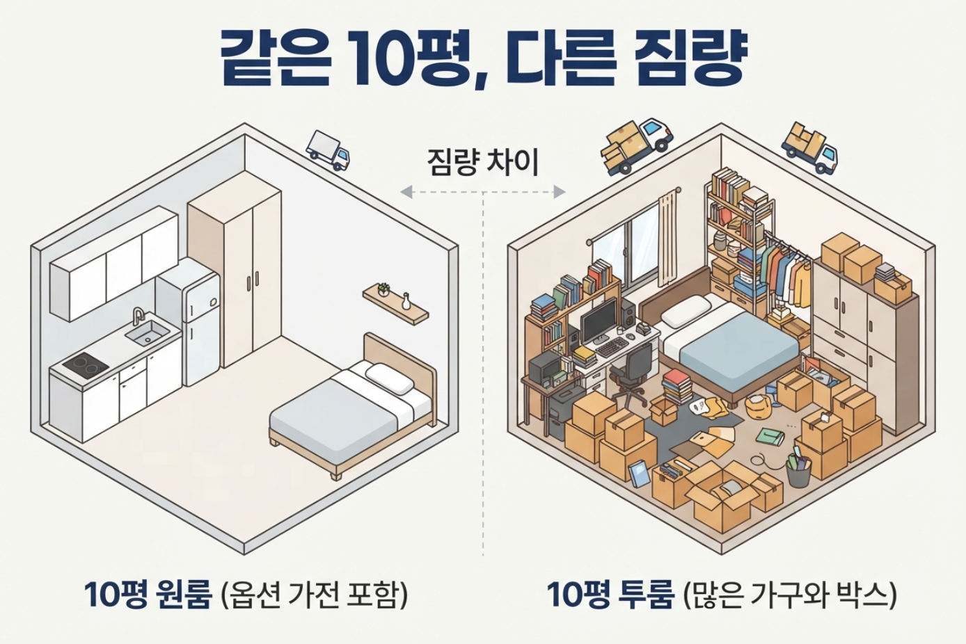10평 원룸과 투룸의 가구 가전 박스 짐량 차이를 비교한 이미지