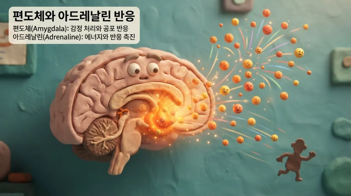 "뇌 속 편도체(아미그달라)에서 아드레날린이 사방으로 분비되는 자율신경계 반응을 시각화한 아드만 스타일 클레이 인포그래픽. 따뜻한 오렌지색 편도체가 작은 클레이 캐릭터로 표현되어 있음"
