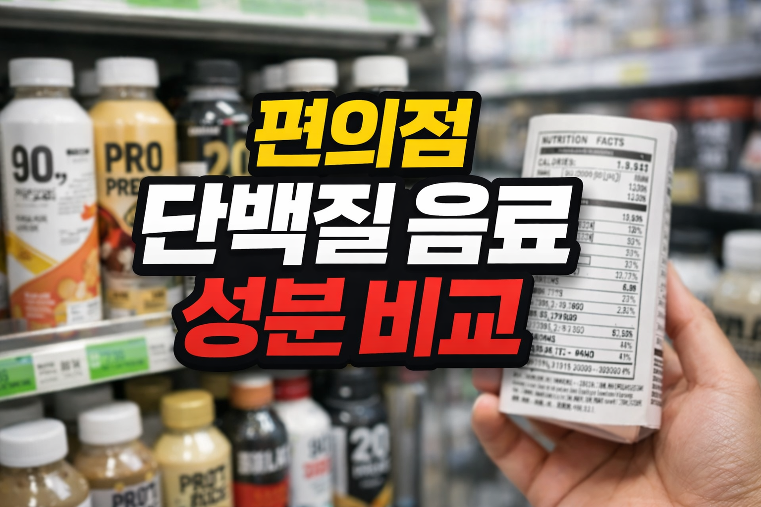 편의점 단백질 음료 성분 비교를 위해 영양성분표를 확인하는 모습