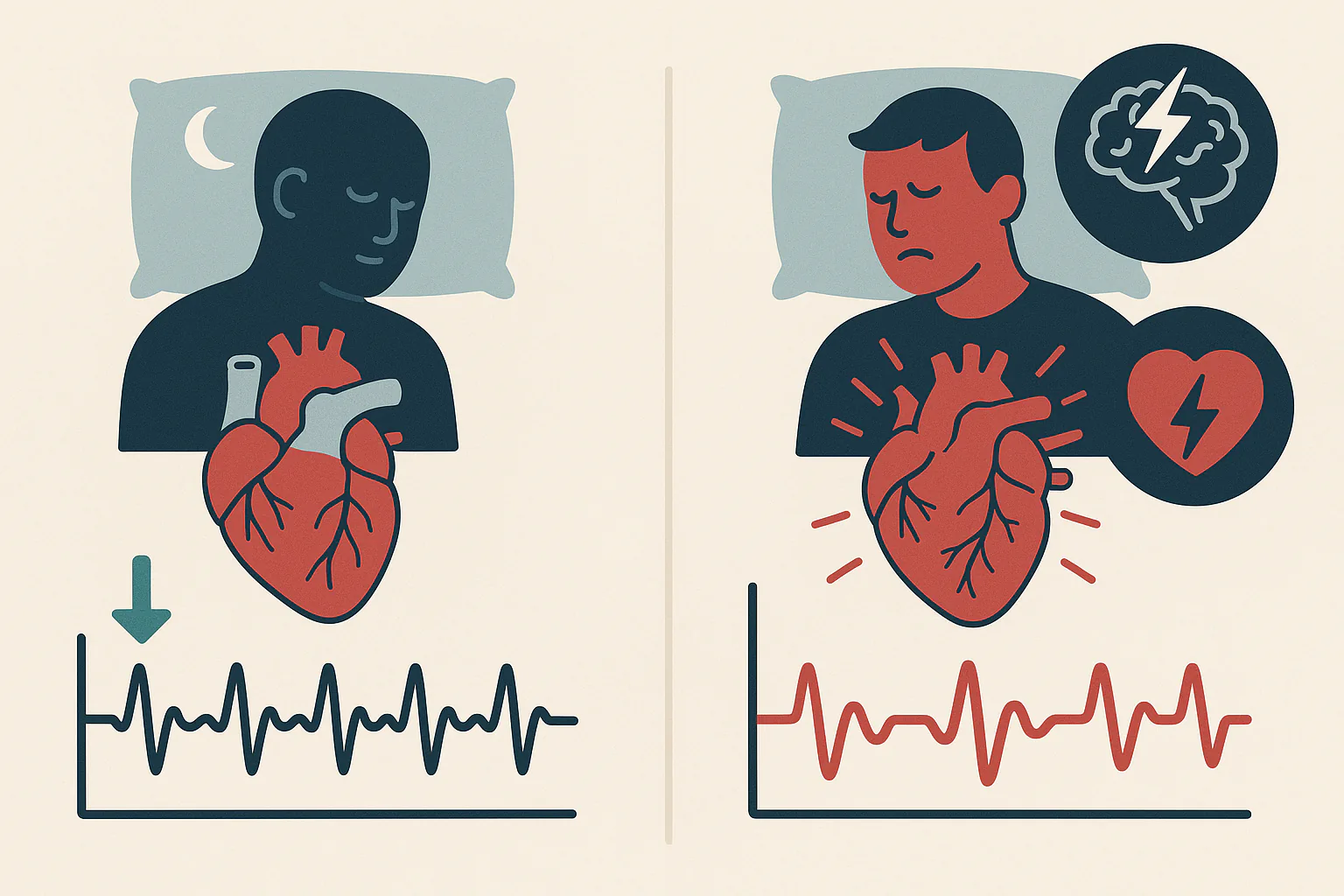 수면 중 안정된 심장과 혈압이 떨어지는 모습 vs 수면 부족으로 심장이 과부하 걸린 모습 대비