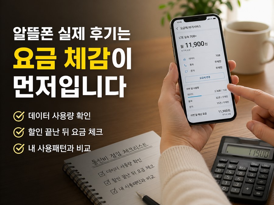 알뜰폰 실제 후기를 바탕으로 데이터 사용량과 할인 이후 요금을 비교해 통신비 절약 가능성을 확인하는 체크리스트형 이미지입니다.