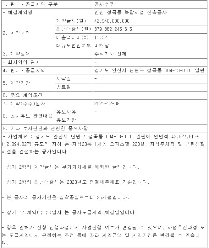 삼부토건, 안산 성곡동 복합시설 신축공사