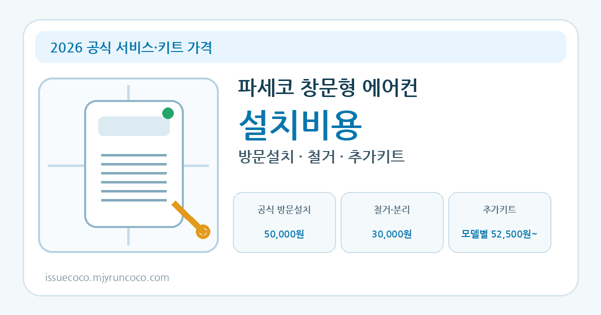 2026 파세코 창문형 에어컨 설치비용 방문설치 철거 추가키트 가격