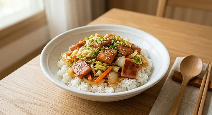 햄 채소볶음 덮밥 완성 사진 (10분 혼밥 레시피)