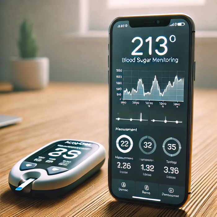 스마트폰 화면에 실행된 아큐첵 앱과 측정 데이터 그래프.