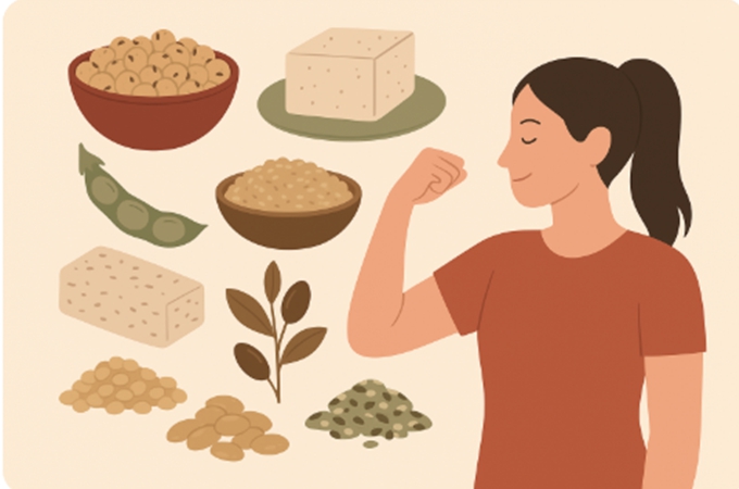 식물성 단백질 식품들을 그린 평면 스타일 일러스트 &ndash; 렌틸콩, 병아리콩, 두부, 템페, 햄프씨드, 퀴노아 등이 접시 위에 담긴 모습