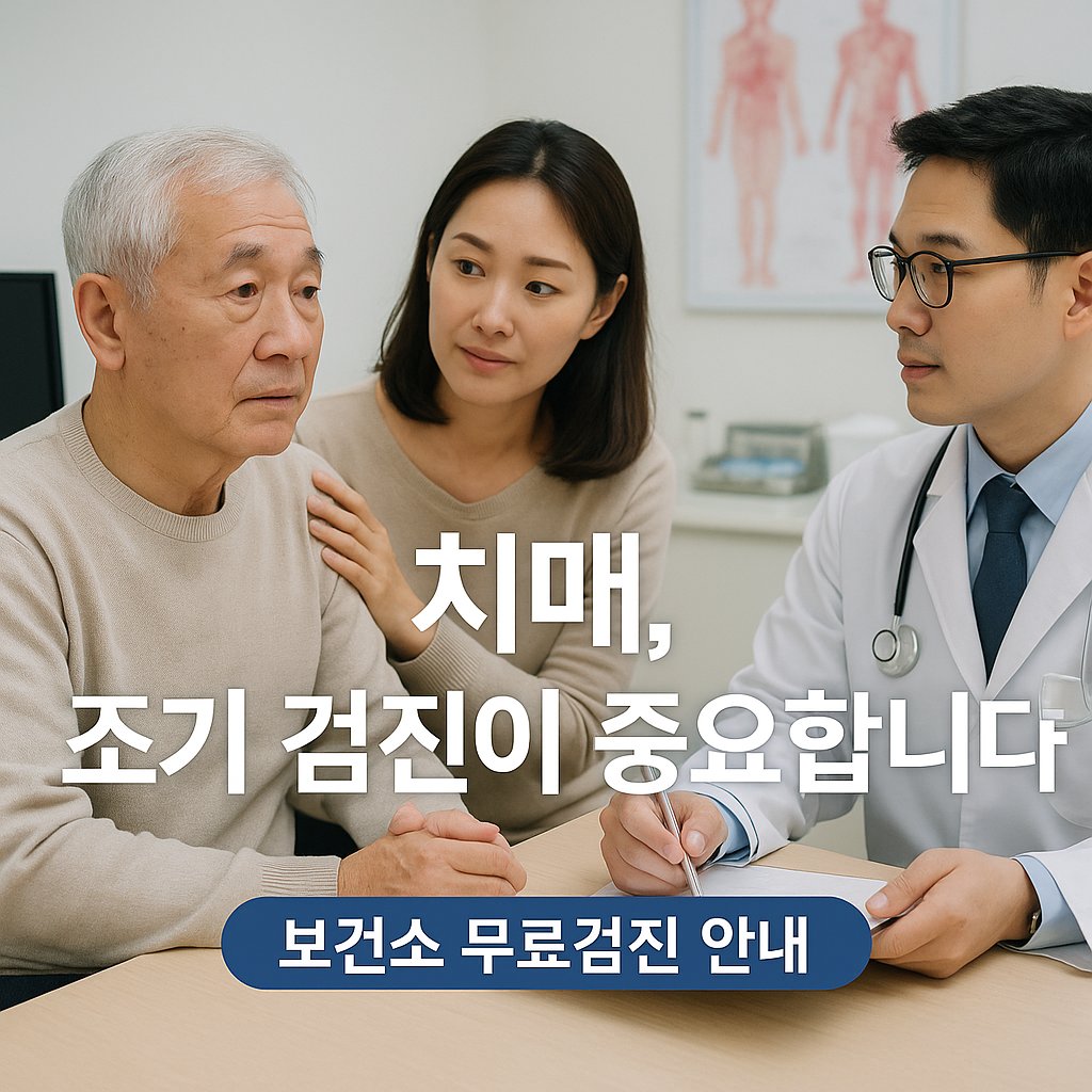 치매 조기 검진의 중요성에 관한 내용 문구와 할아버지와 함께 한 딸과 의료진의 상담 모습
