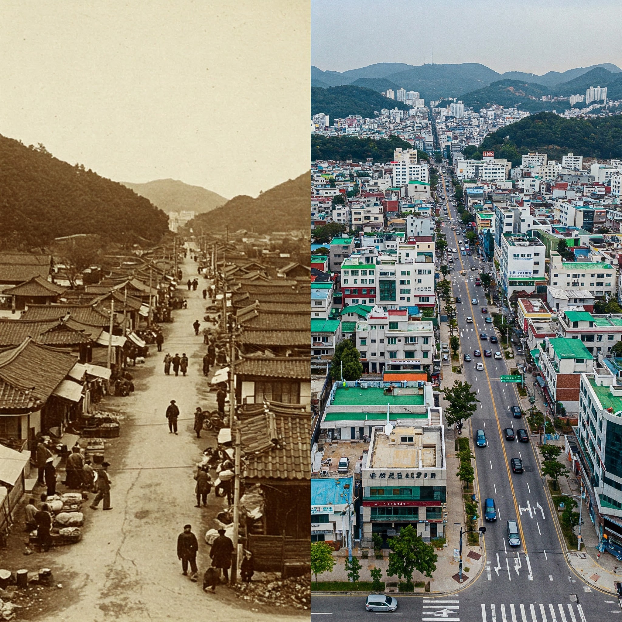 인천 청학동의 예전 모습과 재개발된 후의 모습을 비교하는 사진