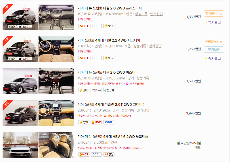 기아 쏘렌토 중고차 가격 시세표 24년10월