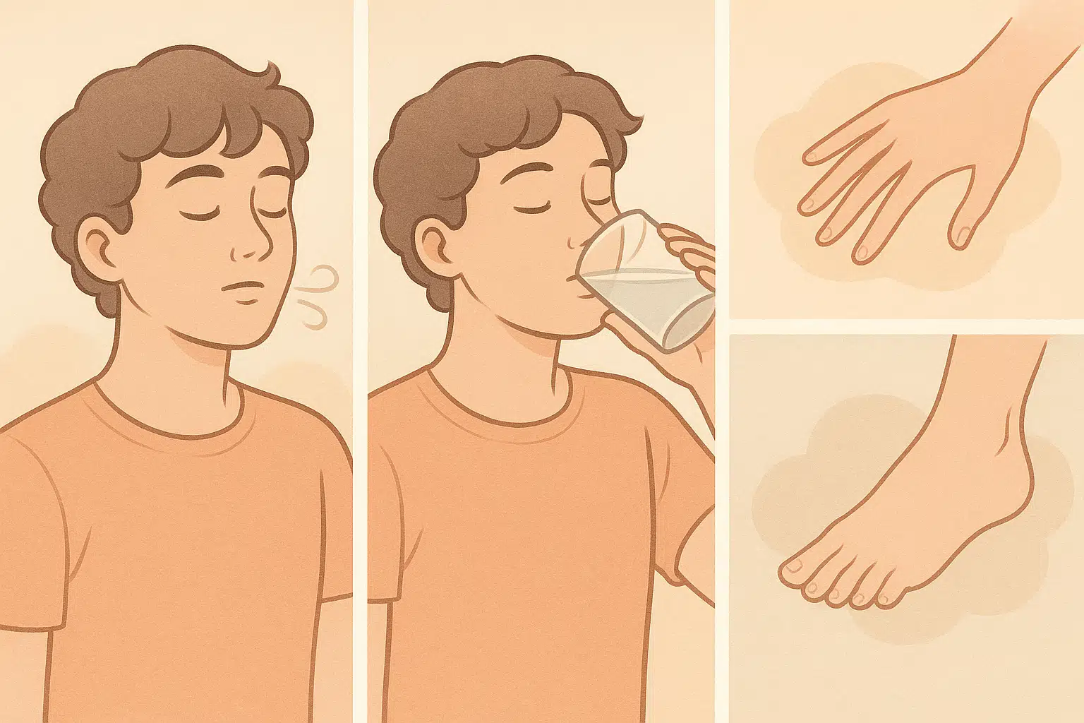 심호흡하는 사람, 물을 한 모금 마시는 장면, 손끝 발끝을 이완하는 그림