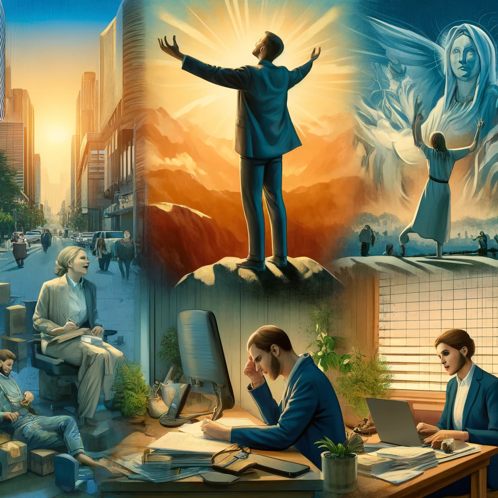 현대인이 바쁜 삶 속에서도 주님을 찬양하며 깊은 평안함을 누리는 모습을 담은 이미지가 있습니다. 다양한 일상 속에서 기도하고 예배하며, 산 꼭대기에서 주님을 찬양하는 장면도 포함되어 있습니다.