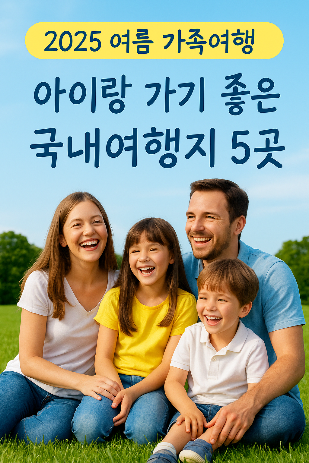 푸른하늘 잔디밭 배경에 한 가족이 환하게 웃고있다.