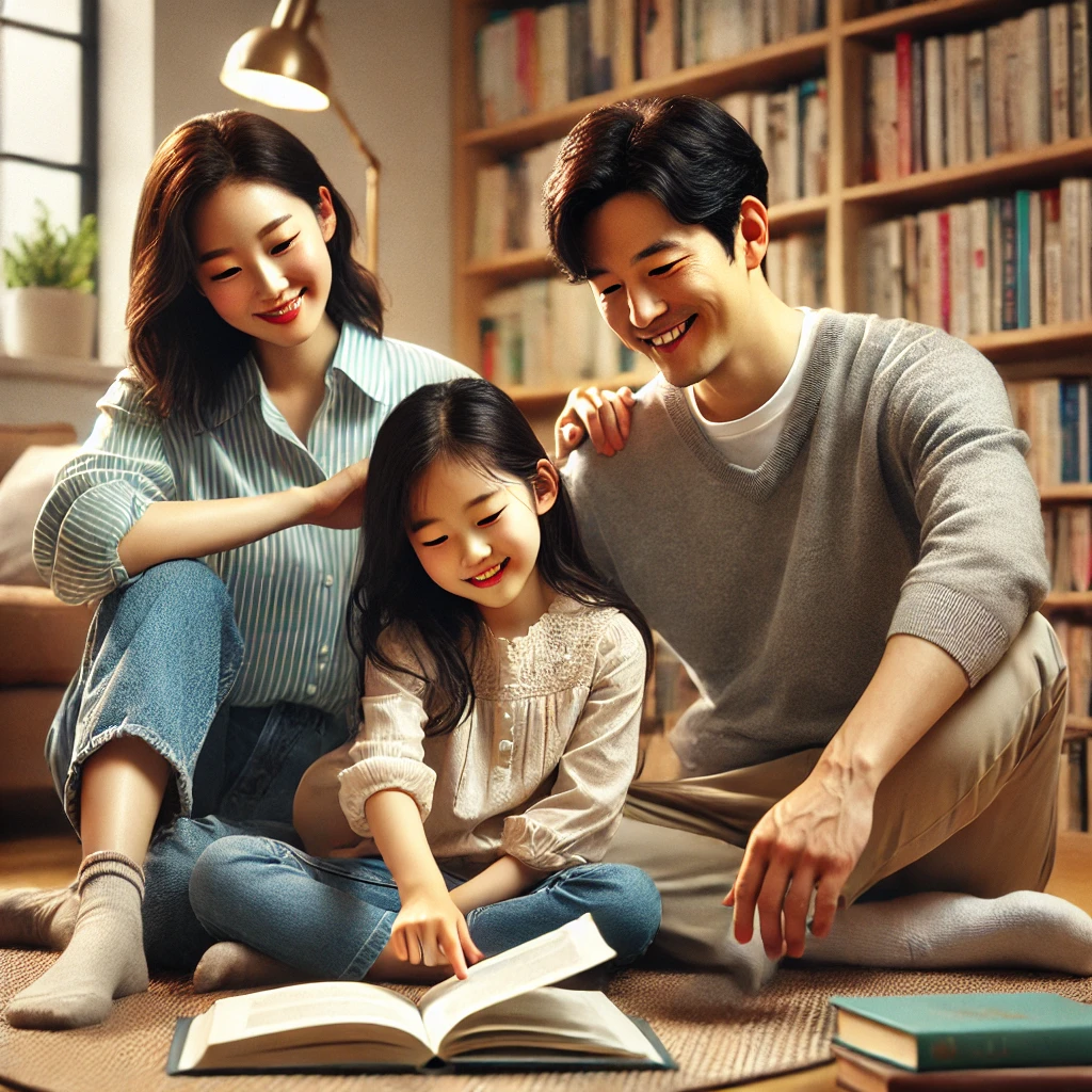 아늑한 집 도서관에서 딸이 책을 읽으며 부모가 따뜻한 미소로 함께 소통하는 가족