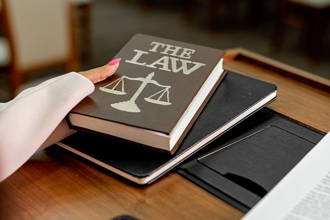 THE LAW 문구가 적힌 법률 서적을 집는 여성의 손