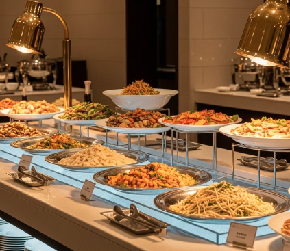 Ashley Queens buffet restaurant interior showing various food stations including BBQ, salad bar, and dessert counter for Korean family dining