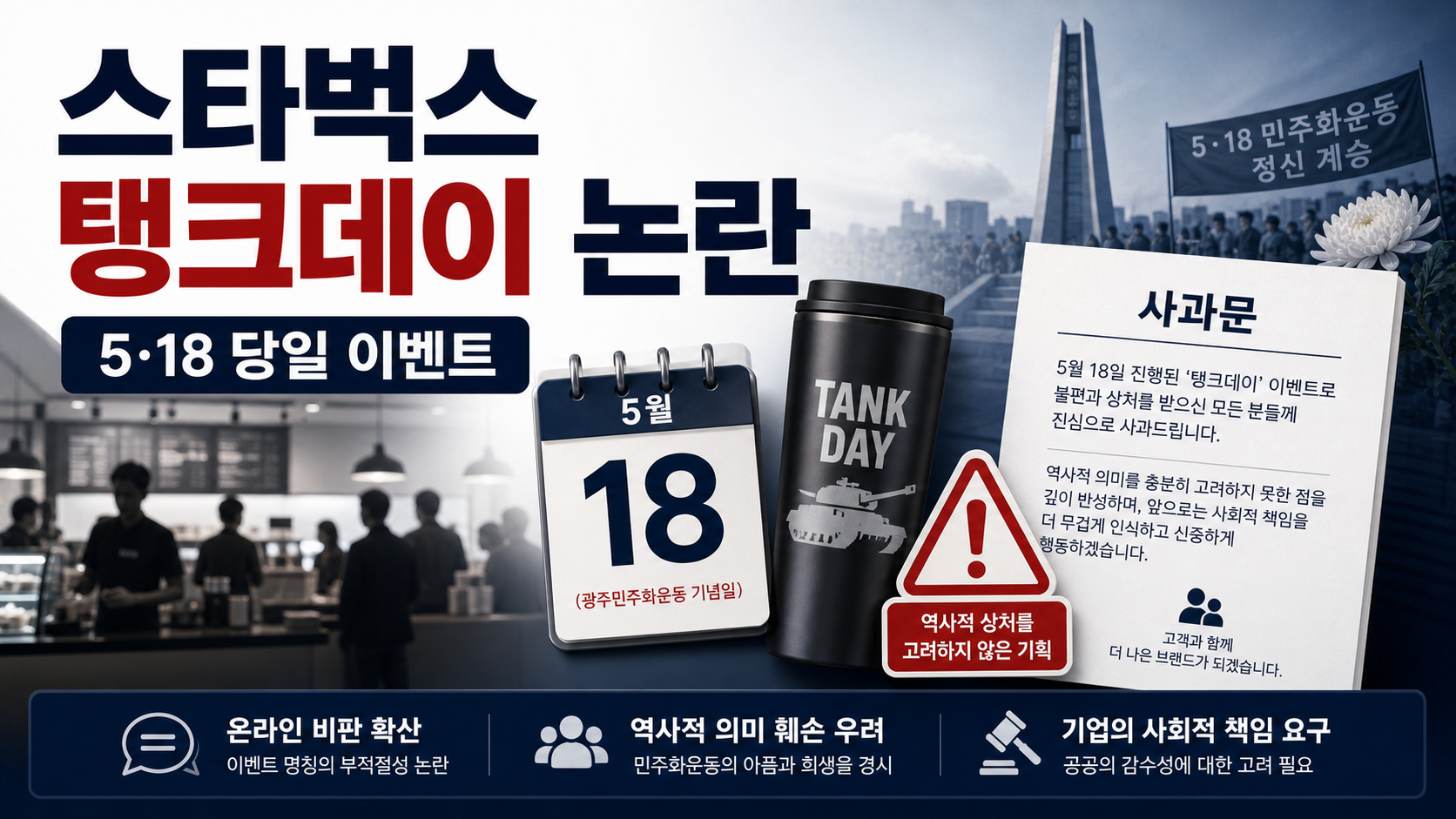 스타벅스 탱크데이 논란과 5&middot;18 당일 이벤트 문제를 표현한 뉴스형 이미지
