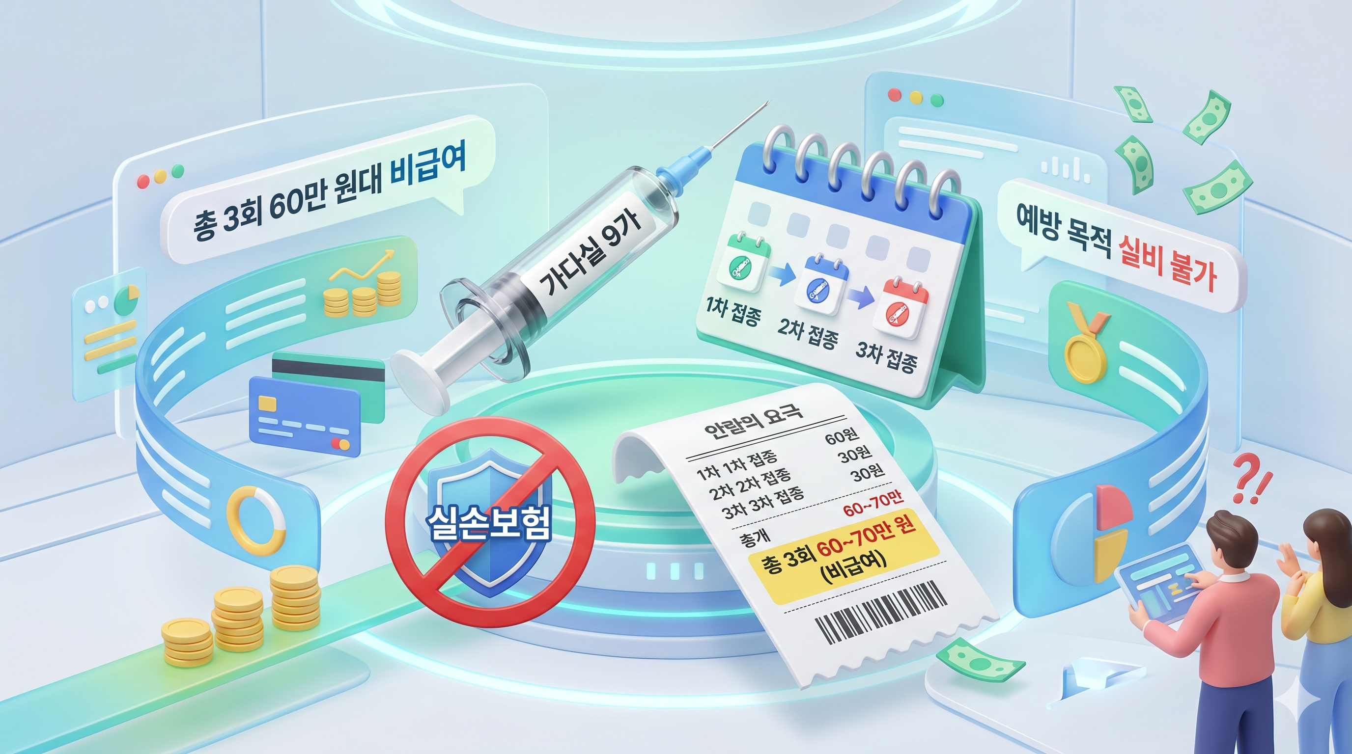 1회 접종에 20만 원이 넘어 총 3회 접종 시 60~70만 원에 달하는 영수증과 함께, 예방 목적의 백신 접종은 실비 보험에서 환급받을 수 없음을 안내하는 인포그래픽