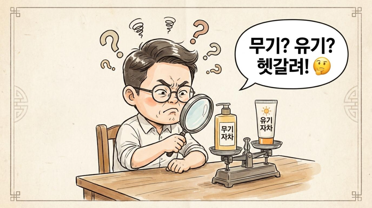무기자차와 유기자차 차이점을 돋보기로 꼼꼼히 비교 대조하며 깊이 고뇌하는 시사만화 캐릭터