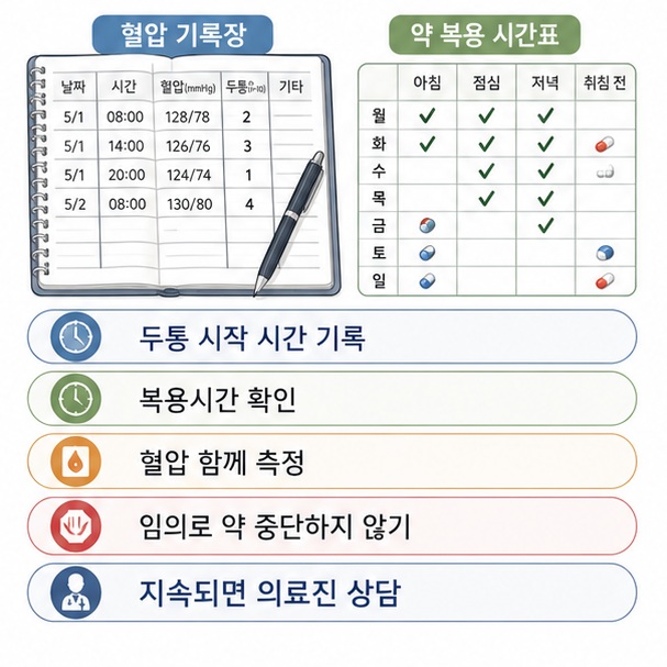 두통이 생겼을 때 혈압과 약 복용시간, 다른 증상을 기록하고 처방받은 혈압약을 임의로 중단하거나 용량을 바꾸지 않아야 함을 보여 주는 그림
