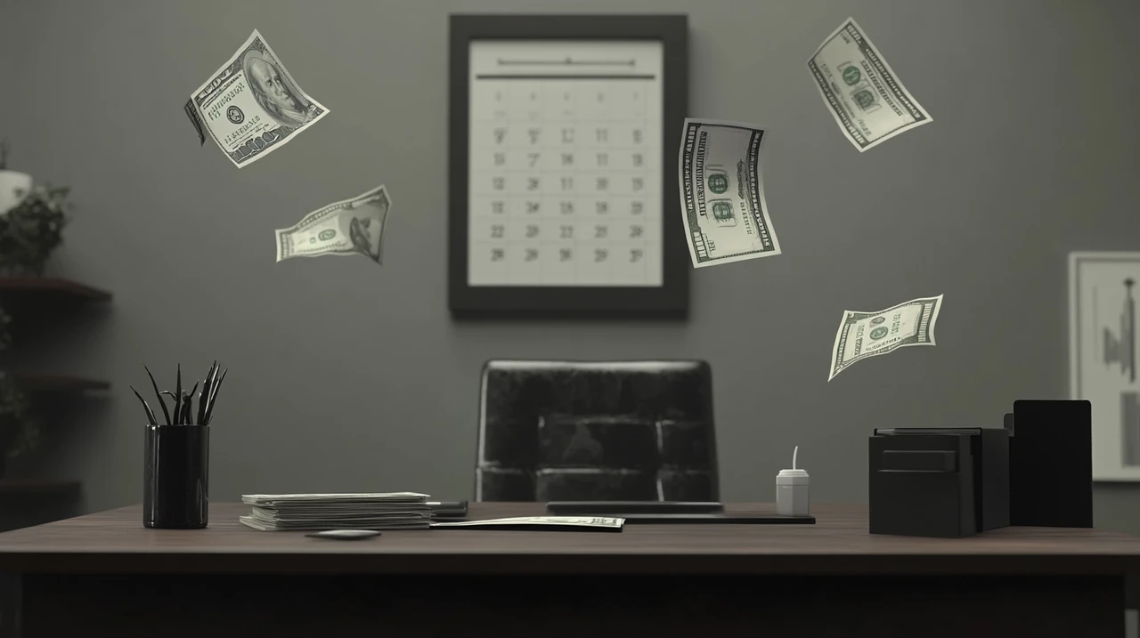 달력 아이콘과 달러 지폐로 월별 꾸준한 배당 소득을 형상화한 장면, 미국 월배당 ETF 현금흐름, 지속적 배당, 재무 안심, FIRE족의 체계적 투자, 월배당 지급 일정의 가치 포인트 강조