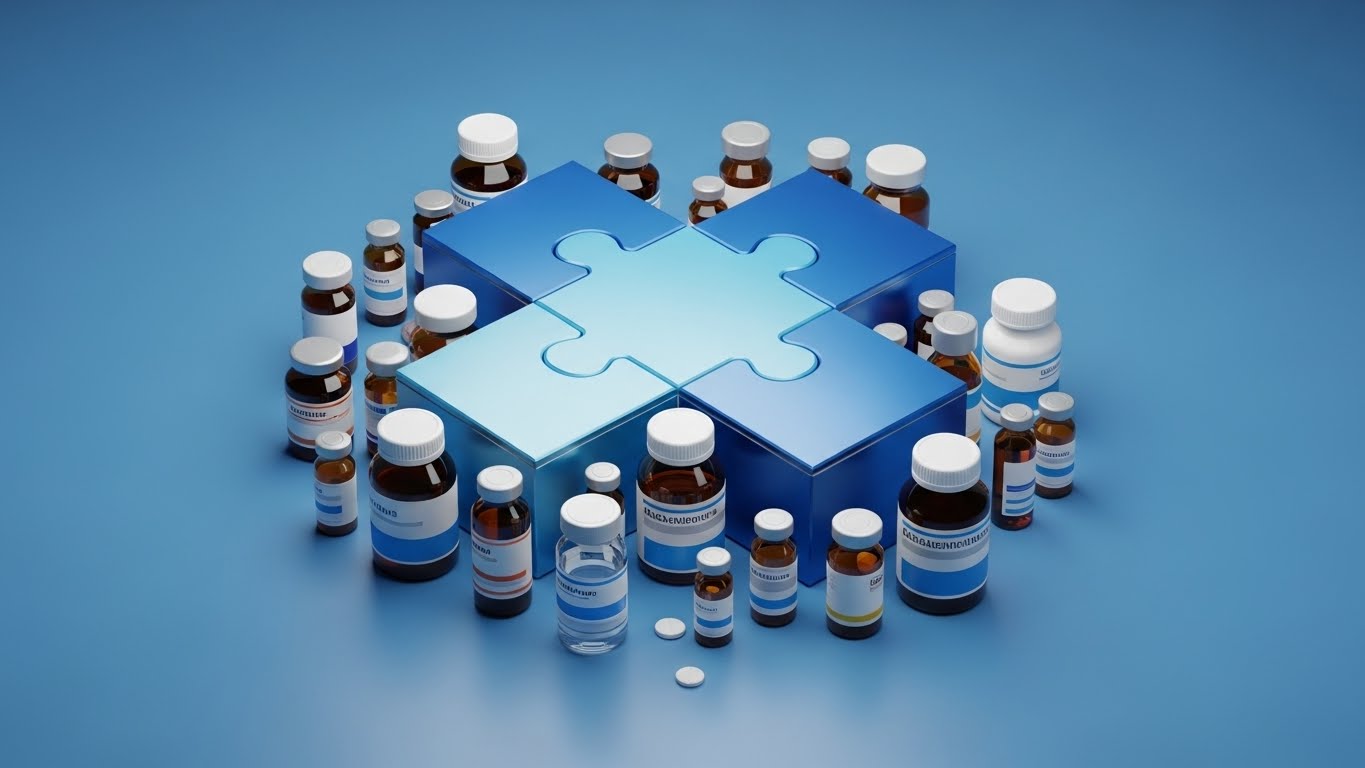 3D illustration of a modular puzzle piece connecting to various medicine bottles, representing 'Platform Technology' versatility, clean medical blue background
