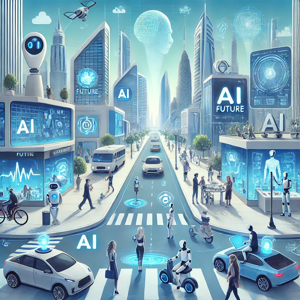 2025년 미래 도시에서 AI가 일상에 통합된 모습을 보여주는 일러스트