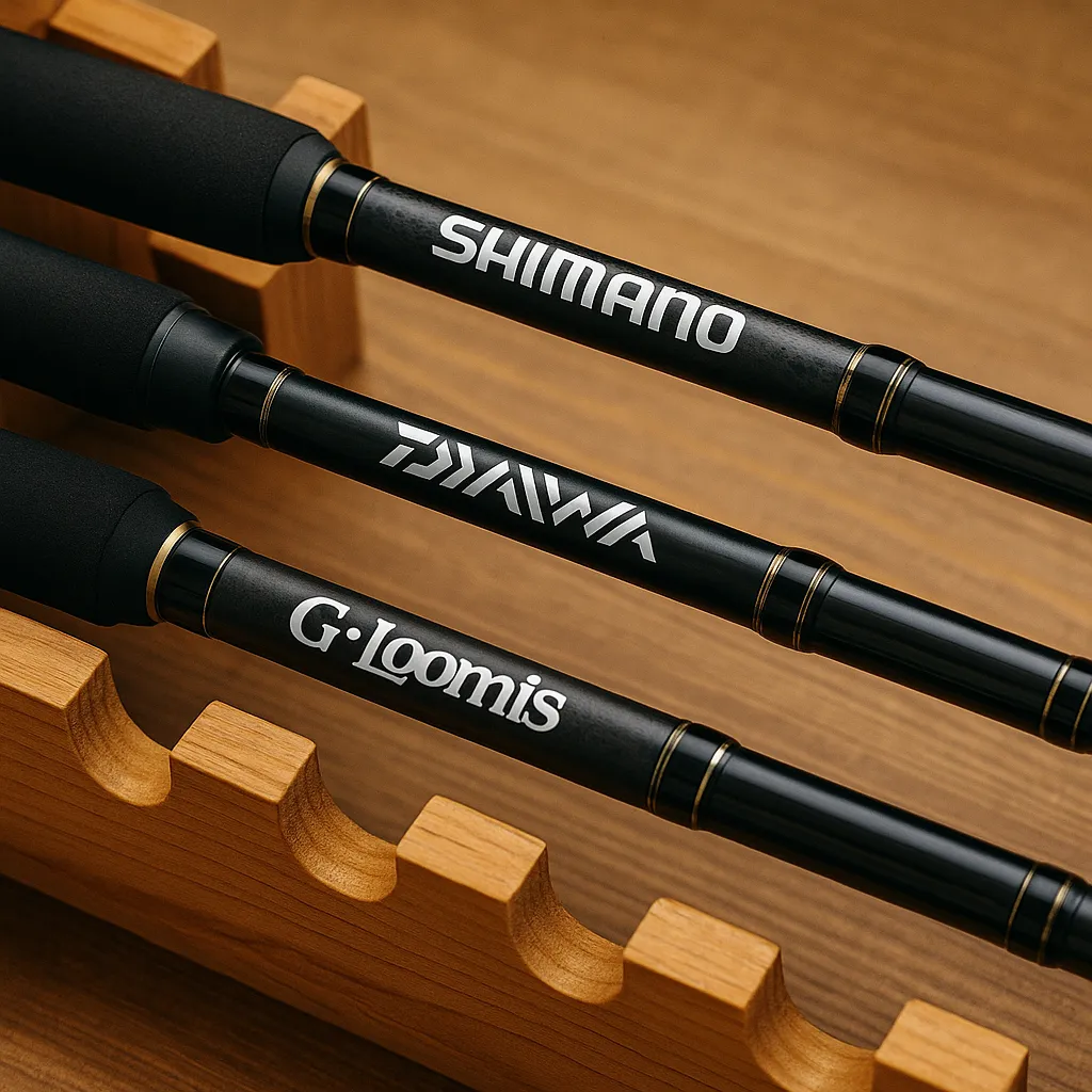 고급 낚싯대 3종이 나무 거치대에 정렬된 모습