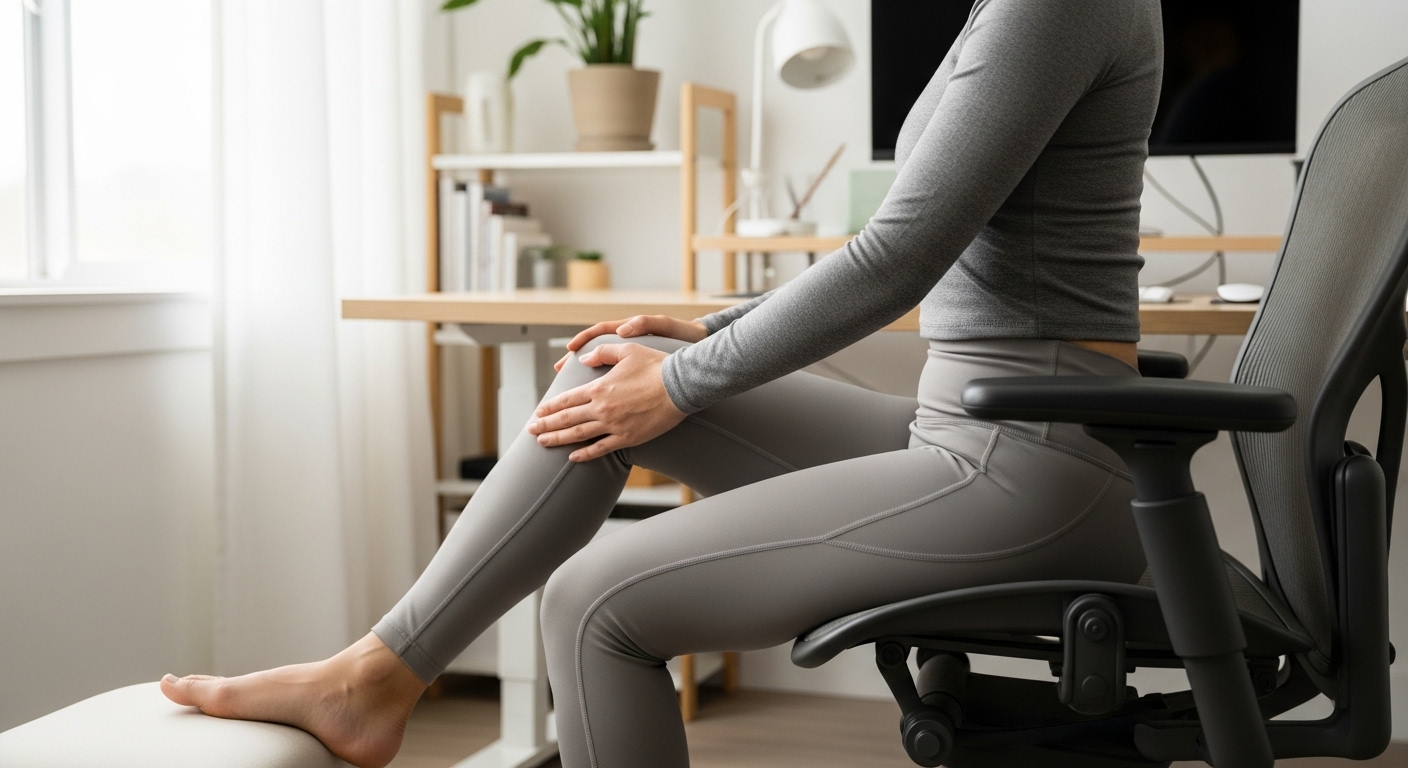 재택근무자가 의자에 앉아 한쪽 발목을 반대쪽 무릎에 올리고 상체를 숙여 엉덩이 근육을 스트레칭하는 모습.