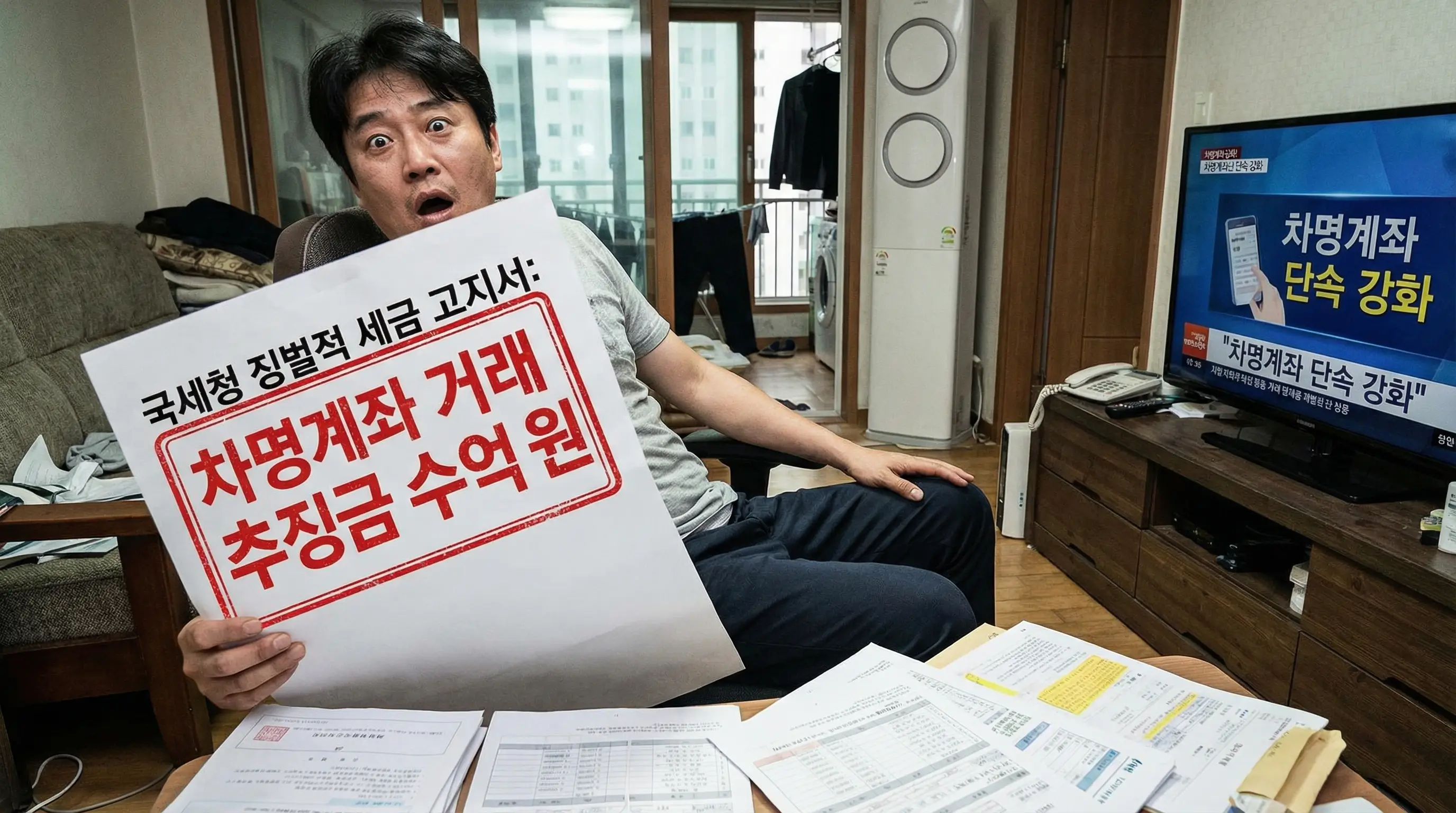 차명계좌 거래로 인해 무거운 징벌적 세금 고지서를 받은 당황한 모습