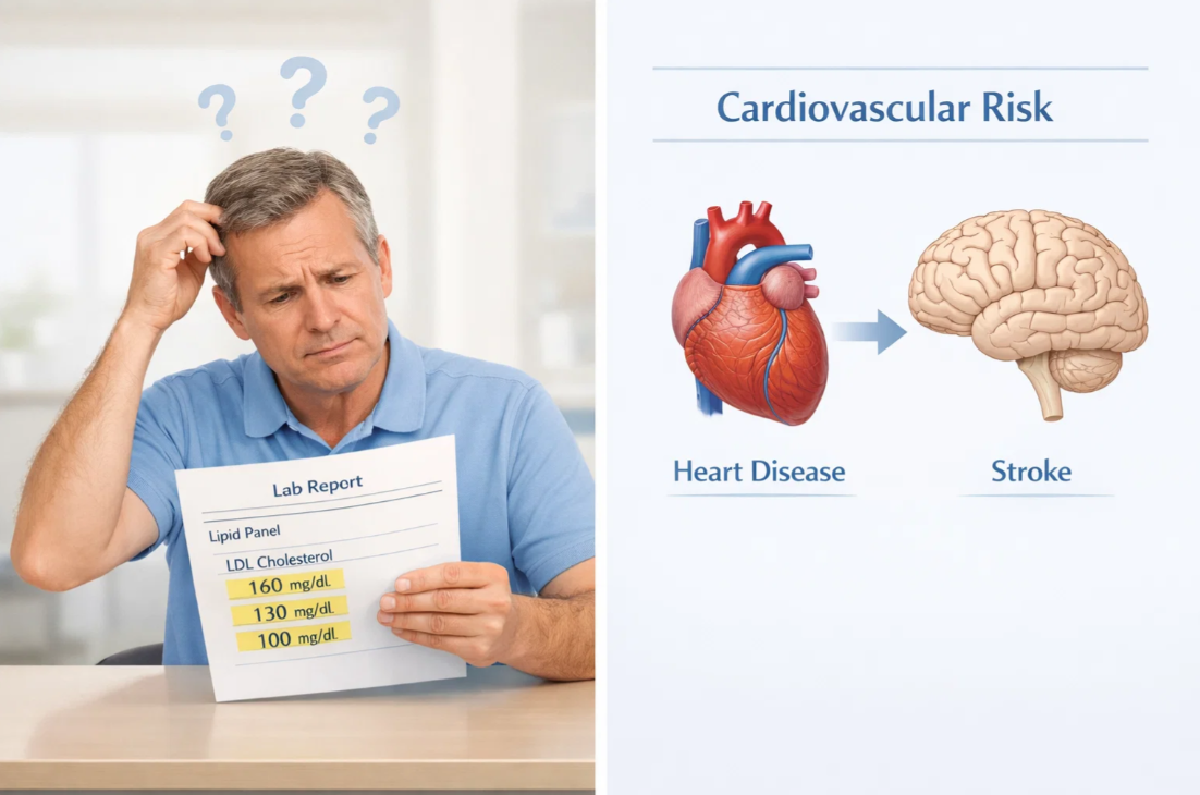LDL 콜레스테롤 검사 결과를 보고 심혈관 질환 위험도를 고민하는 환자 이미지