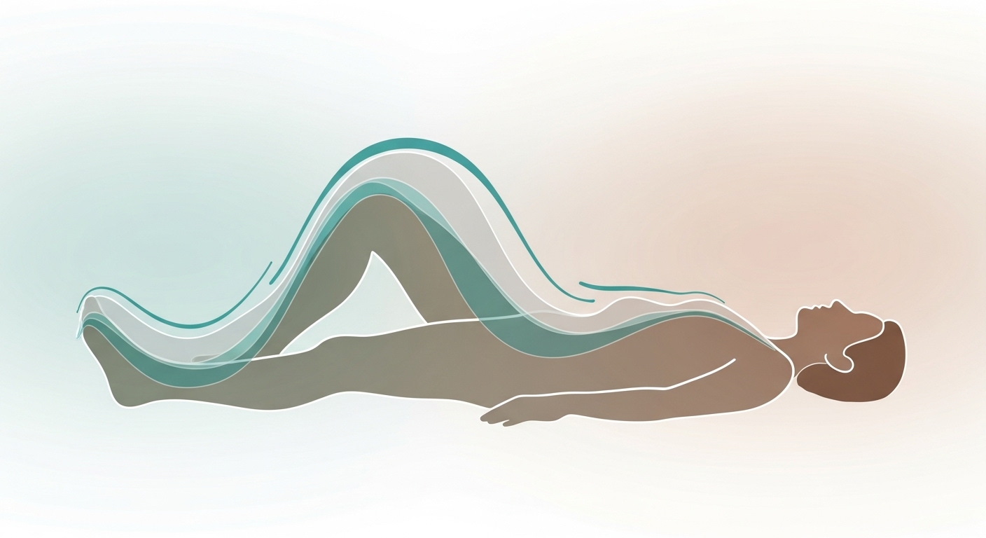 몸 스캔 명상을 하는 사람을 추상적으로 표현한 그림. 발끝부터 머리까지 신체 각 부위를 인지하는 부드러운 에너지의 흐름이 느껴진다.