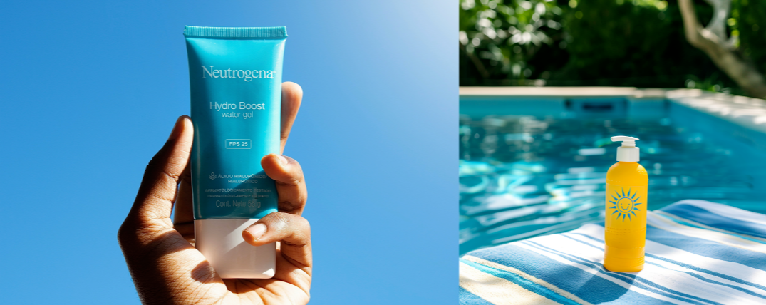 선명한 하늘 아래 선케어 제품을 들고 있는 손과 수영장 위 자외선 차단제 병