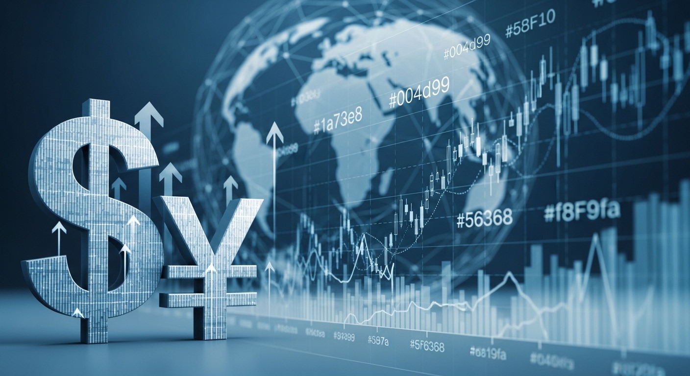 2026년 실시간 환율 전망을 나타내는 이미지. 달러와 엔화 기호가 역동적으로 배치되어 있고, 배경에는 글로벌 금융 시장을 상징하는 차트와 지구가 파란색과 회색 톤으로 표현되어 있습니다.