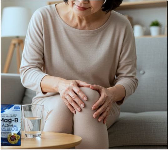 마그비 액티브 효능 골관절 건강, 관절염으로 무릎아픈 중년 여성 사진