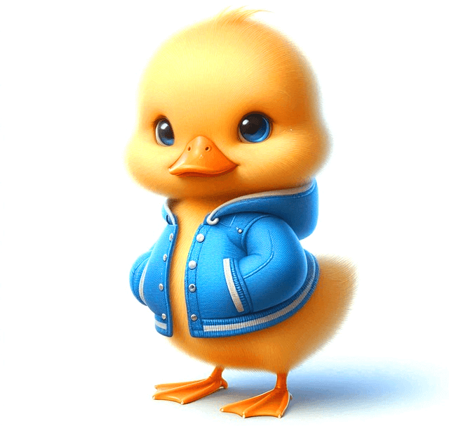 노란 병아리가 하늘색 후드티를 입고 앞을 바라본다. 매우 귀엽게 생긴 병아리 그림이다.