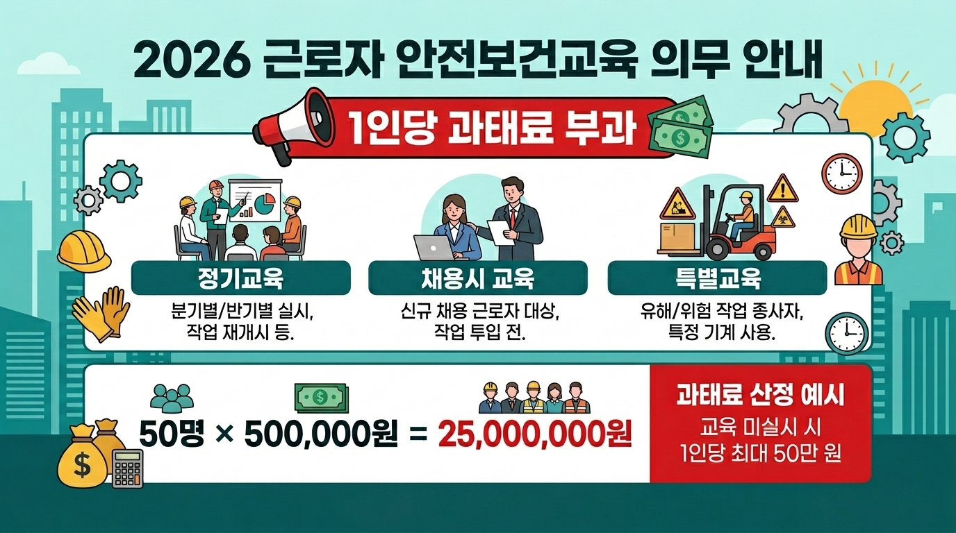 안전보건교육 미실시 1인당 과태료 구조 &mdash; 수천만원이 나오는 이유 3분 정리 인포그래픽