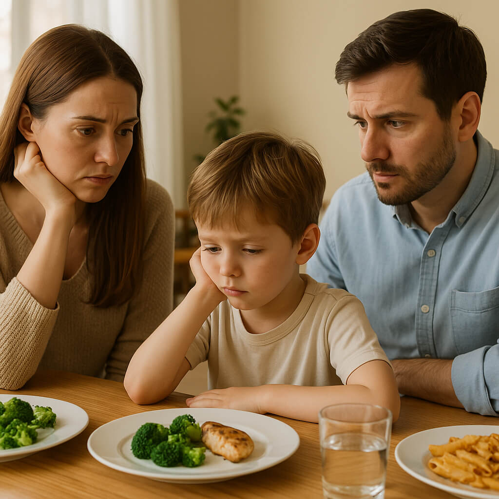 식단 조절을 고민하는 아토피 아이와 부모의 모습(출처**자체제작)