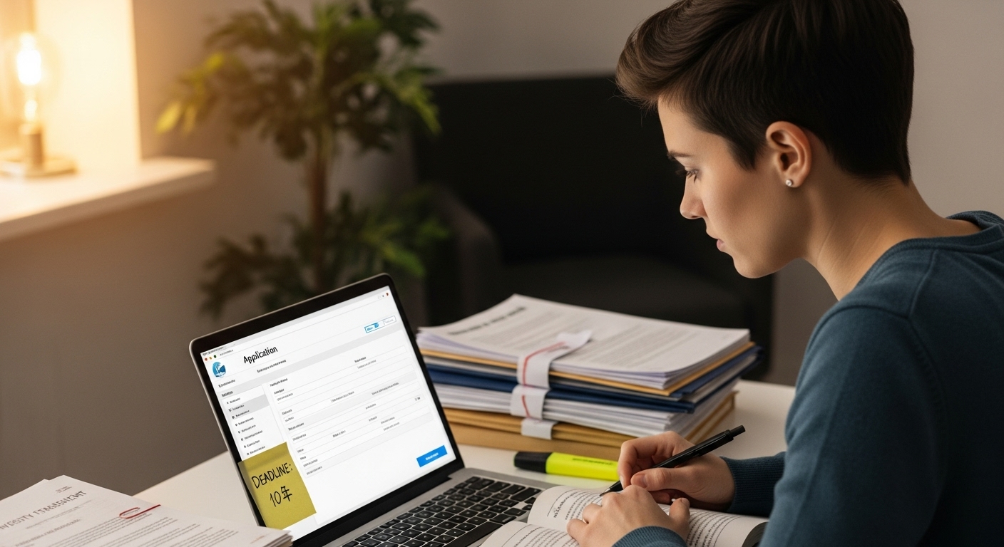 청년이 노트북 앞에서 복잡한 서류들을 정리하는 모습