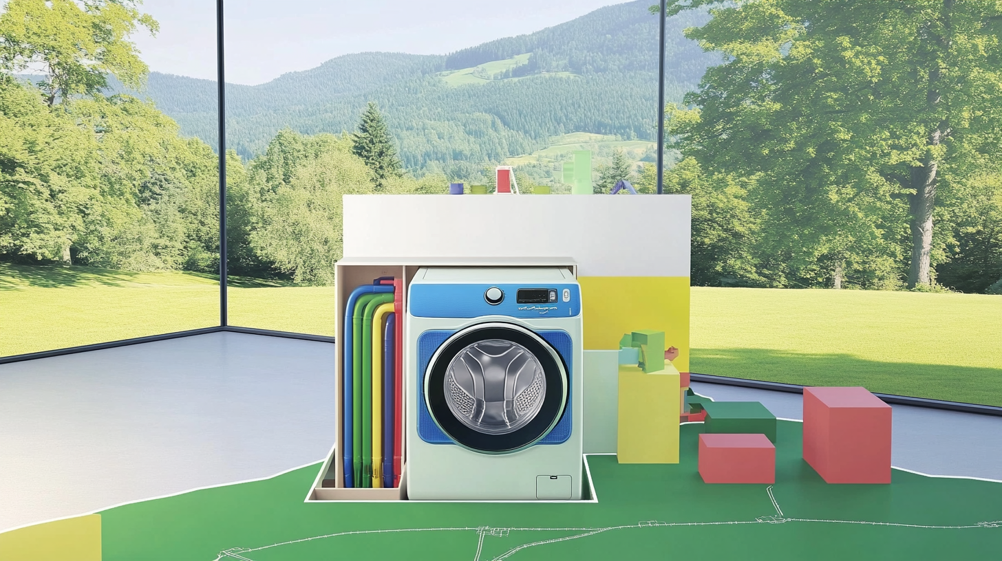 삼성 AI 세탁기의 내부를 투시하여 친환경적인 가정 환경에서 에너지 절약 및 물 절약 기능을 설명하고 있는 이미지.