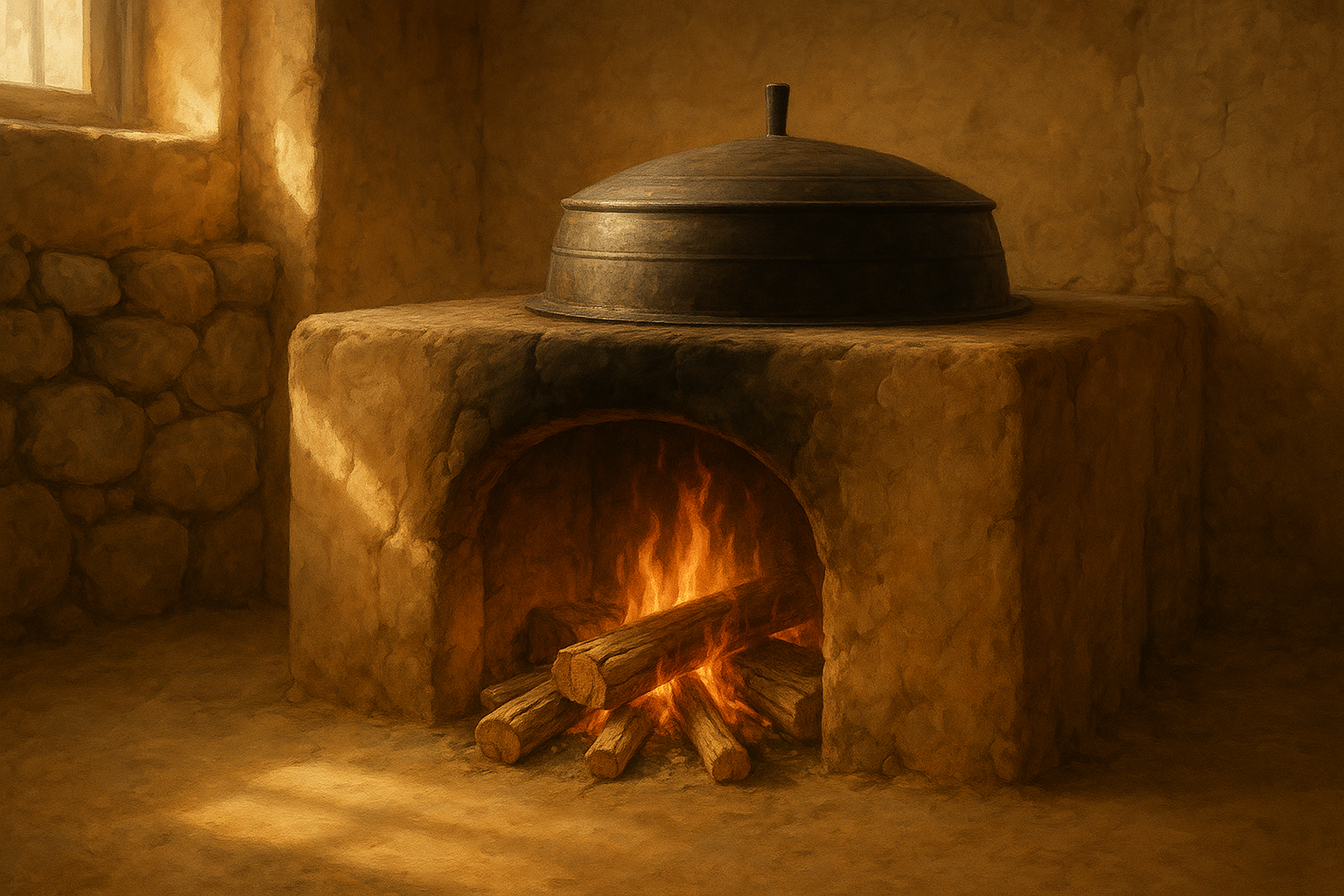 전통 시골 부엌의 아궁이 속에서 장작불이 따뜻하게 타오르는 모습, 흙벽과 돌벽이 어우러진 옛 부엌의 따스한 분위기