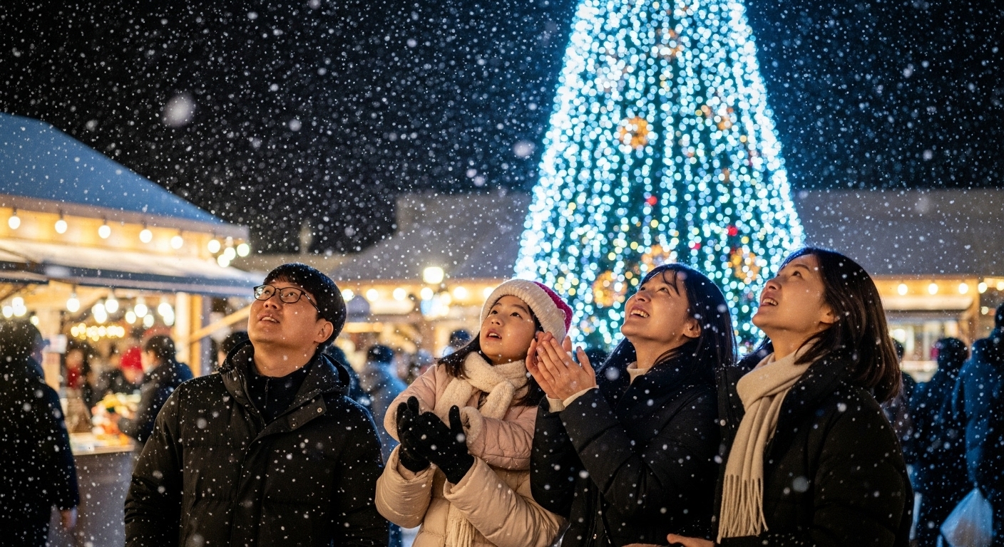 2025년 부산 산타마을 스노잉 쇼에서 인공 눈이 내리는 가운데, 환하게 빛나는 크리스마스 트리와 즐거워하는 사람들의 모습.