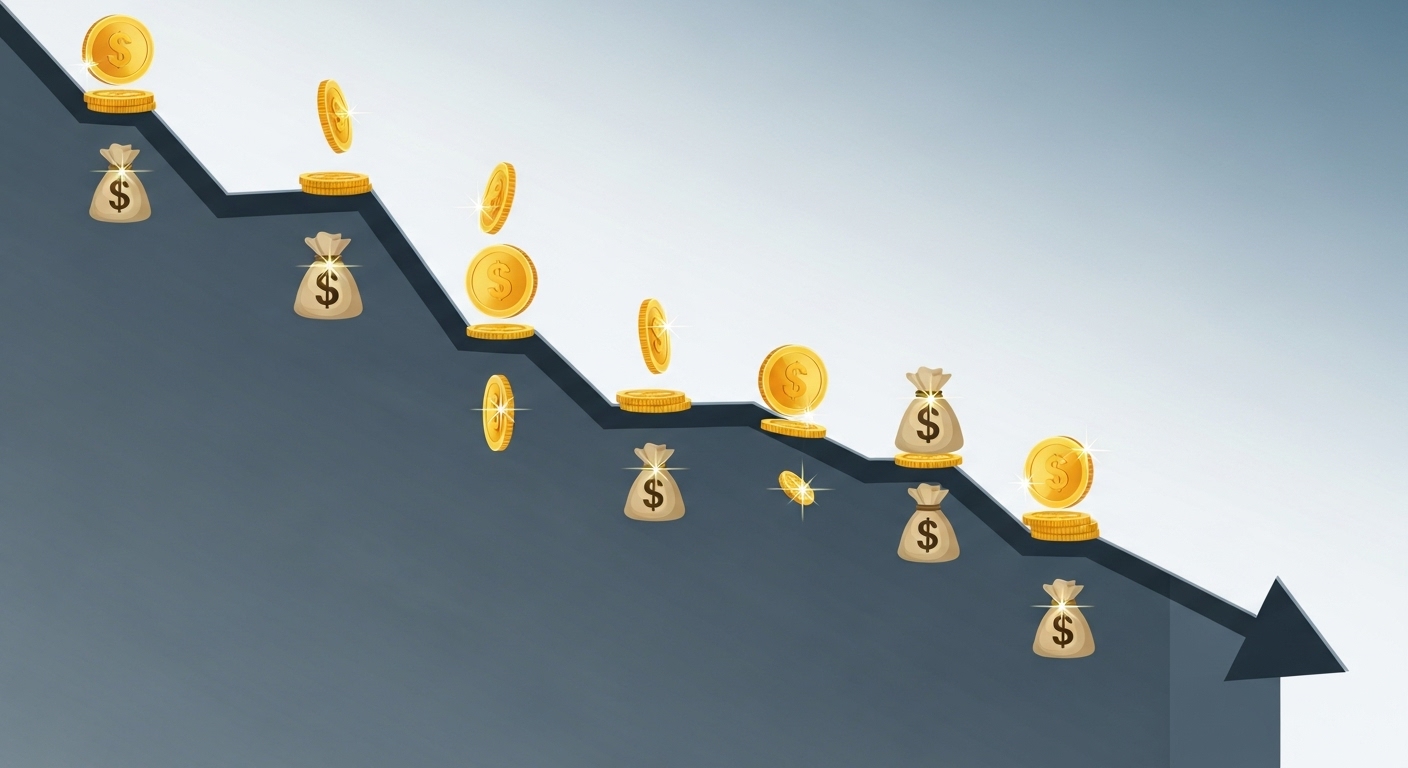 하락하는 주식 차트에서 여러 번 나눠서 매수하는 모습을 시각화한 이미지