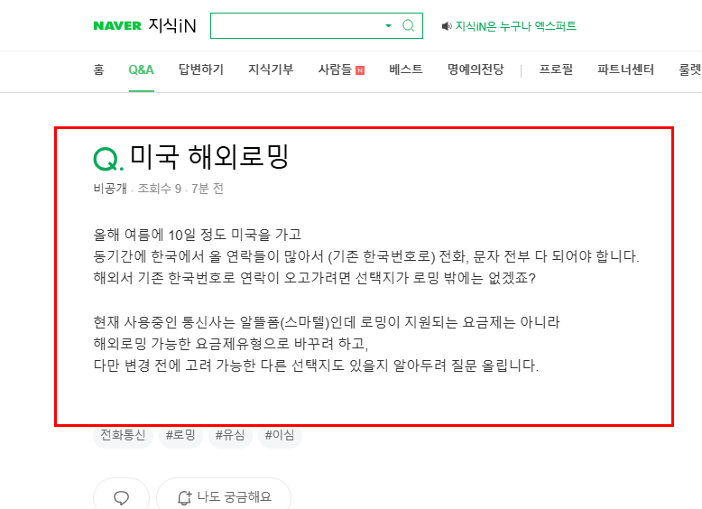 미국 해외로밍 질문 지식인
