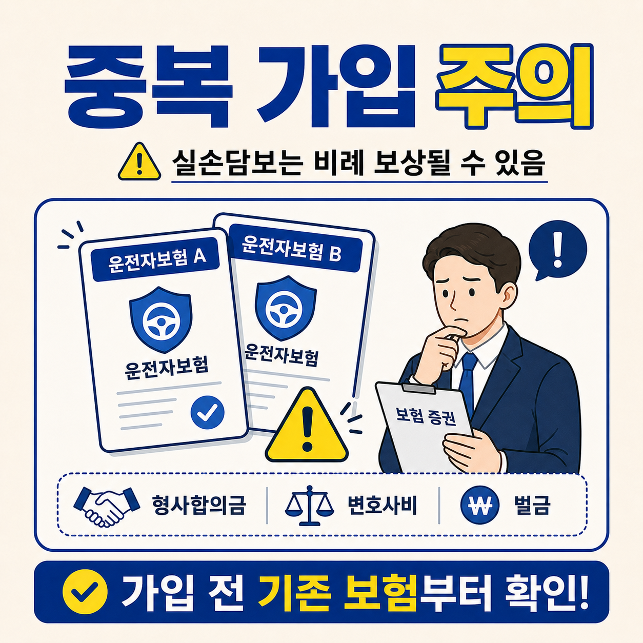 운전자보험 중복 가입 시 형사합의금 변호사비 벌금 같은 실손담보가 중복 보상되지 않고 비례 보상될 수 있으므로 가입 전 기존 보험부터 확인해야 한다는 내용을 안내하는 인포그래픽 이미지