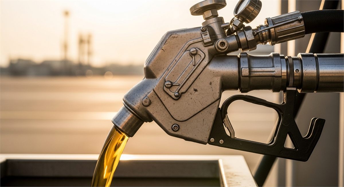 항공유 주입 노즐과 연료 흐름을 가까이 담은 장면