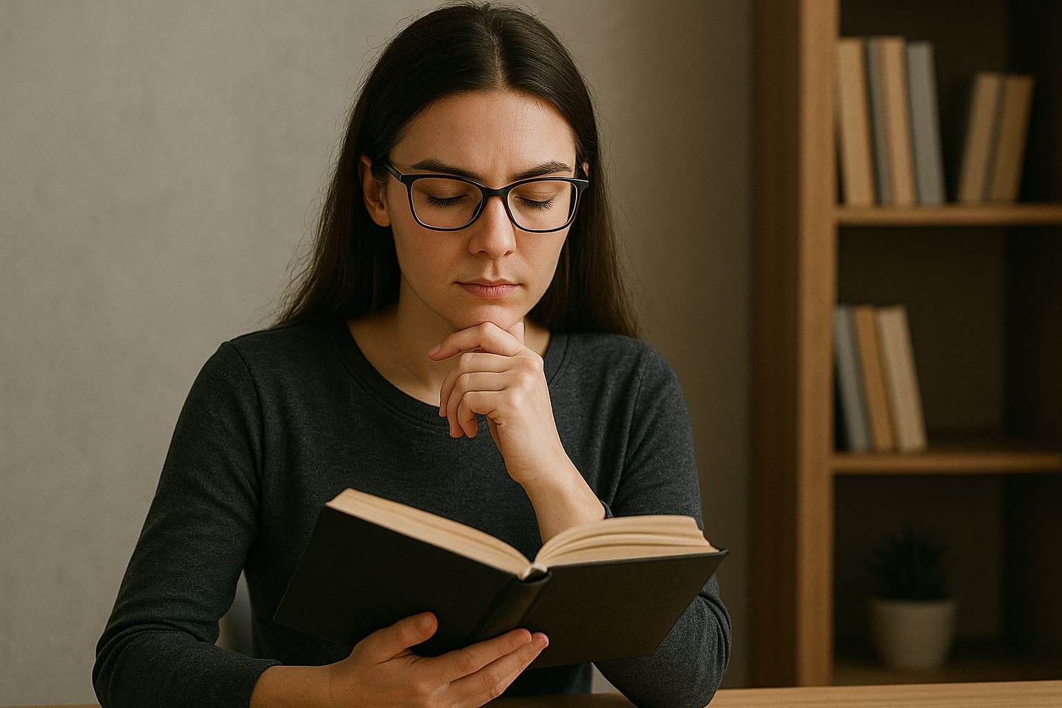 철학적 사고에 몰두한 INTJ 여자, 조용한 환경에서 깊은 독서 중