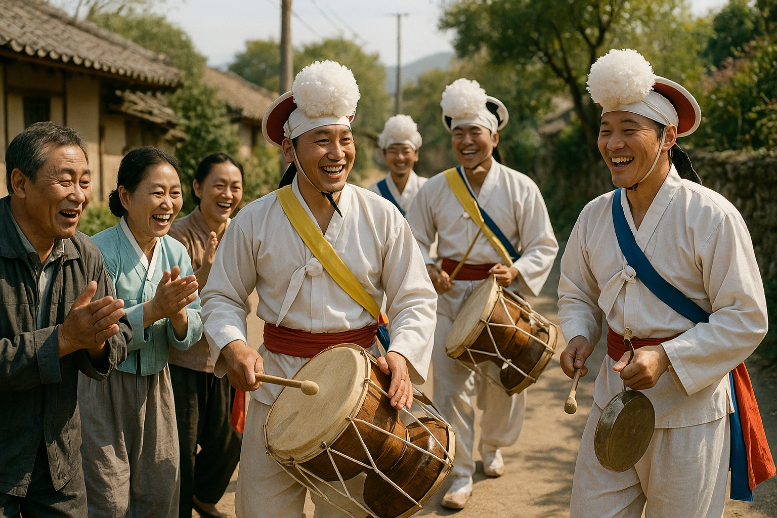 농악대가 북과 꽹과리를 치며 마을을 돌고 있는 모습