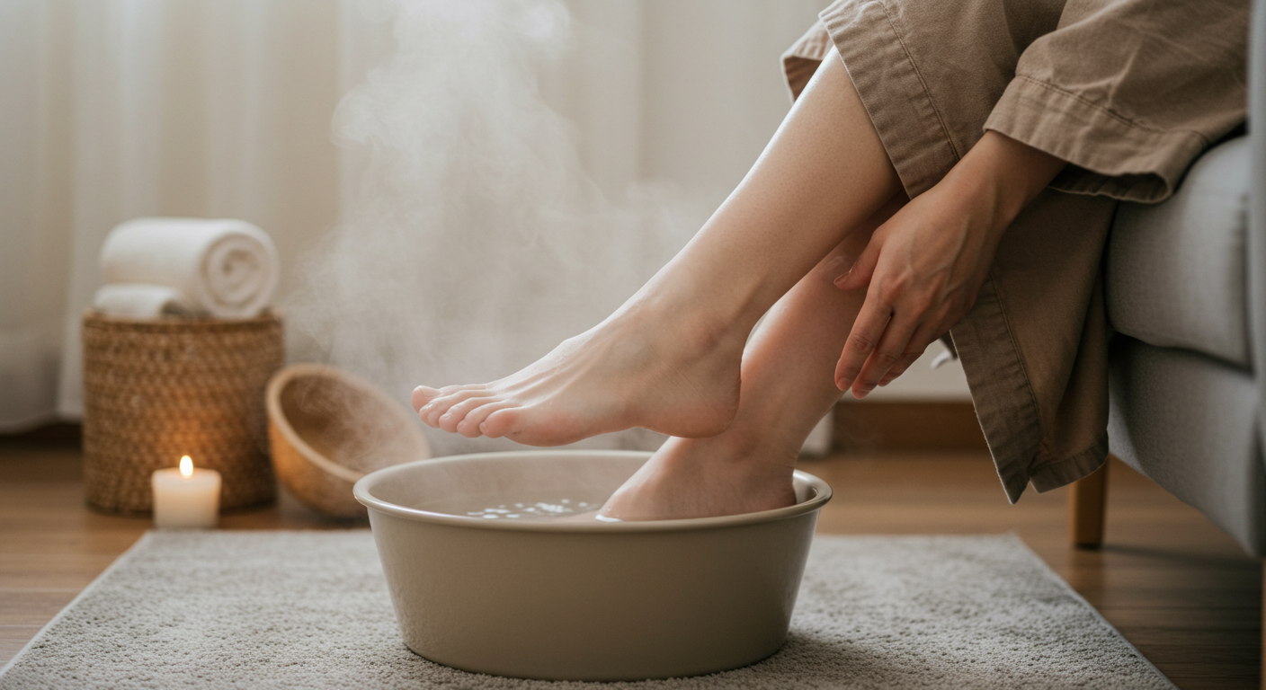 김이 모락모락 나는 따뜻한 물에 발을 담그고 있는 모습