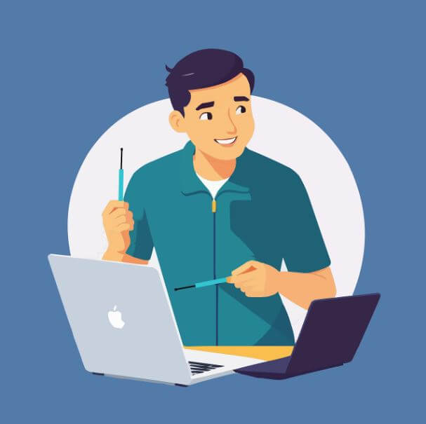 노트북을 보고 뭔가 설명하는 사람