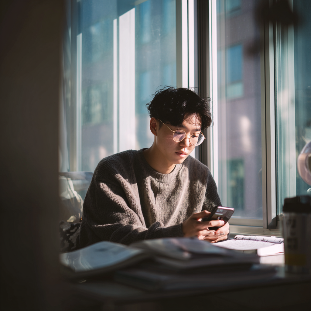 스마트폰으로 은행 잔고를 확인하는 한국 대학생 모습